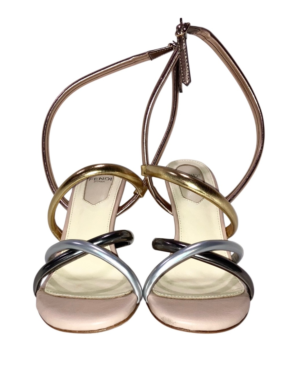 Fendi First Metallic Nappa Strappy Sandals Rose Gold Silver Couture Size 37 US 7 - Picture 8 of 16